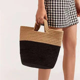 Lkblock Summer Woven Straw Handbag Women Contrast Color Cotton Rope Beach Bag Travel Large Capacity Tote Shopping Handle Bags