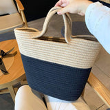 Lkblock Summer Woven Straw Handbag Women Contrast Color Cotton Rope Beach Bag Travel Large Capacity Tote Shopping Handle Bags