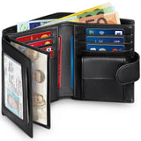 Lkblock Men Genuine Leather Wallet Business Purse RFID Card Holder Transparent Windows Bank Note Coin Compartment Black