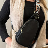 Lkblock - Vintage Style Sling Bag, Geometric Strap Crossbody Bag, Women's Small PU Leather Chest Purse